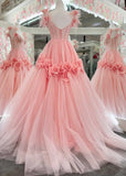 Pink A-Line Off the Shoulder Lace Tulle Long Prom Dress, Sweet 16 Dress HZ1108