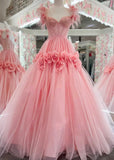 Pink A-Line Off the Shoulder Lace Tulle Long Prom Dress, Sweet 16 Dress HZ1108