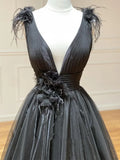 A Line Black V Neck Tulle Long Prom Dress HZ1108