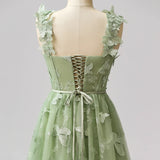 Sage Green A-Line Tulle Spaghetti Straps 3D Butterfly Long Prom Dress Sweet Adult Graduation Prom Dress HZ1108