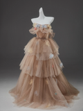 Champagne A-Line Off Shoulder Tulle Sequin Long Ball Dress Cute Layered Dress HZ1108