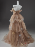 Champagne A-Line Off Shoulder Tulle Sequin Long Ball Dress Cute Layered Dress HZ1108
