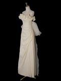 Light Yellow A-line Satin Off-shoulder Tulle Long Prom Dress Graduation Prom Dress Wedding Dress HZ1108