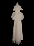 Light Yellow A-line Satin Off-shoulder Tulle Long Prom Dress Graduation Prom Dress Wedding Dress HZ1108
