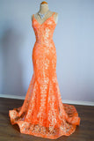 Orange Mermaid Spaghetti Straps Sequins Applique Long Prom Dress Tulle Evening Dress HZ1108