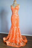 Orange Mermaid Spaghetti Straps Sequins Applique Long Prom Dress Tulle Evening Dress HZ1108