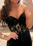 Sheath Sweetheart Beads Satin Long Prom Dress with Slit HZ1108