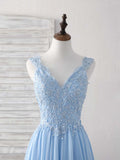 Sky Blue A-line V Neck Applique Chiffon Long Prom Dress Lace Spaghetti Strap Bridesmaid Dress HZ1108