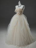 Off-White A-line Straps Tulle Long Prom Dress Simple Applique Wedding Dress HZ1108