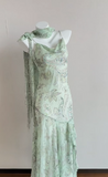 Elegant Green Mermaid Formal Dresses Beaded Chiffon Open Back Long Prom Dresses Spaghetti Straps Guest Dresses HZ1108