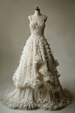 White A-line Spaghetti Strap Beaded Tulle Long Prom Dress Simple Applique Wedding Dress HZ1108