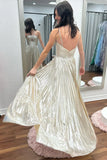 Metallic A-line Spaghetti Strap Long Prom Dress with Slit HZ1108