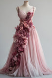Sweet Pink A-line Sweetheart Neck Tulle Long Prom Dress 3D Applique Wedding Dress HZ1108