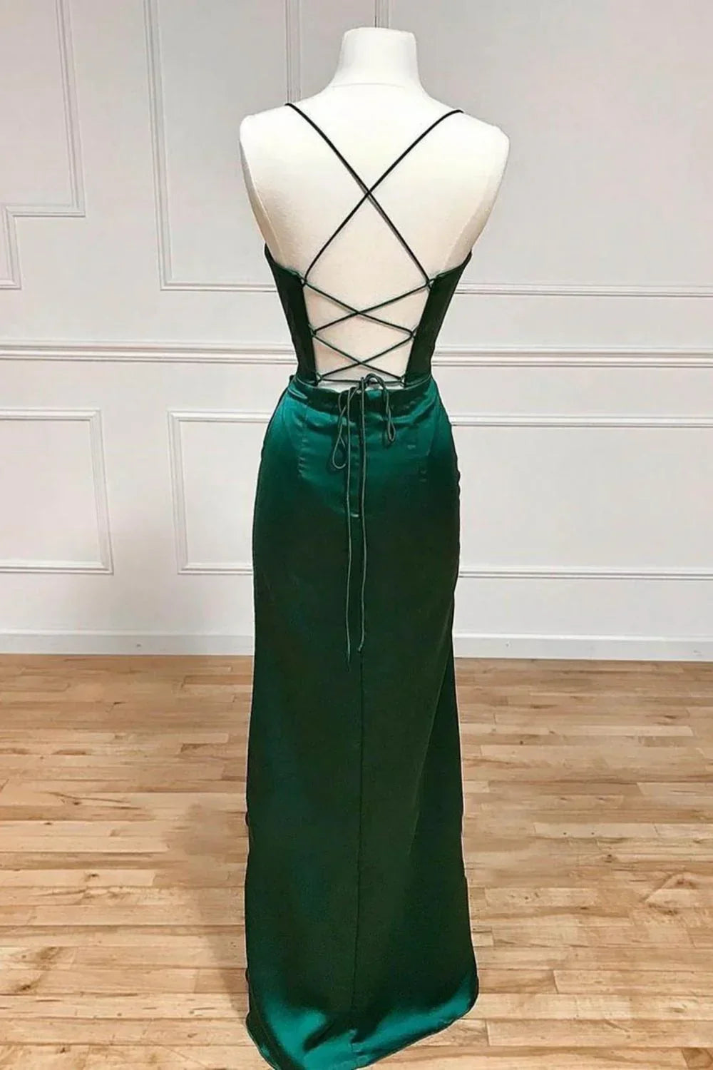 Dark Green Mermaid Satin Spaghetti Straps Long Prom Dress With Split HZ1108