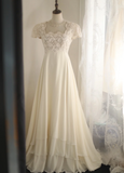 Beige Square Neck Chiffon Lace Empire Dress Long Prom Dress Beaded Wedding Dress HZ1108