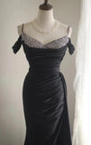 Elegant Black Mermaid Spaghetti Strap Satin Diamond Long Prom Dress Simple Evening Dress HZ1108
