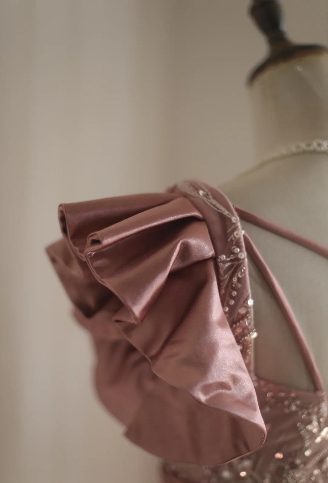 Pink Mermaid One Shoulder Satin Beaded Sequin Long Prom Dress Bridalmaid Dress HZ1108