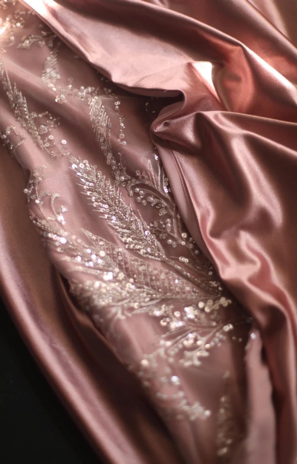 Pink Mermaid One Shoulder Satin Beaded Sequin Long Prom Dress Bridalmaid Dress HZ1108