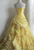 Sweet Yellow A-Line Strapless Organza Wedding Dress with Appliques and Rhinestones Long Evening Gown HZ1108