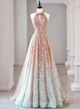 A-Line Halter Neck Sequined Tulle Long Prom Dress, Formal Evening Dress HZ1108