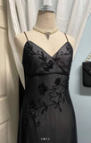 Navy Blue Mermaid Spaghetti Strap Tulle Beading Long Prom Dress V-Neck Vintage Party Dress HZ1108
