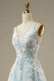 Light Blue A-Line Spaghetti Strap Tulle Beading Long Prom Dress Sweet Embroidery Applique Evening Dress for Graduation HZ1108