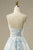 Light Blue A-Line Spaghetti Strap Tulle Beading Long Prom Dress Sweet Embroidery Applique Evening Dress for Graduation HZ1108