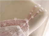Pink A Line Spaghetti Strap Tulle Beaded Long Prom Dress Sweet Applique Wedding Dress HZ1108