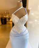 Mermaid One Shoulder Satin Beaded Long Prom Dress Sequin Appliqu¨¦ Evening Dress HZ1108