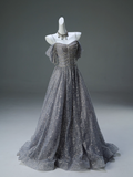 A-Line Spaghetti Strap Mesh Sequin Long Prom Dress Graduation Prom Adult Ceremony Dress HZ1108