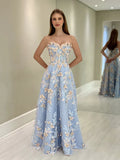 A-Line Sweetheart Neck Tulle Lace Blue Long Prom Dress Graduation Prom Dress HZ1108