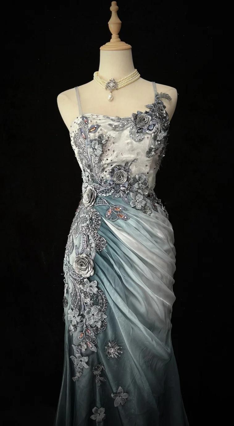 Elegant Chiffon Mermaid Spaghetti Strap Sequined Applique Long Prom Dresses?? Formal Evening Dresses HZ1108