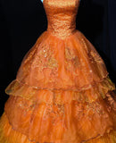 Retro Orange A-Line Strapless Tulle Sequin Long Prom Dress Gorgeous Sweet 16 Dress Quinceanera Dress HZ1108
