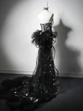 Modest Silver Mermaid Strapless Sequin Tulle Long Prom Dress Formal Evening Dress HZ1108