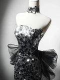 Modest Silver Mermaid Strapless Sequin Tulle Long Prom Dress Formal Evening Dress HZ1108