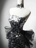 Modest Silver Mermaid Strapless Sequin Tulle Long Prom Dress Formal Evening Dress HZ1108
