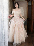 Champagne A-Line Tulle Sequins Long Prom Dress Embroidery Applique Formal Evening Dress HZ1108