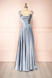 Spaghetti Strap A-Line Satin Simple Long Prom Dress Bridesmaid Dress HZ1108
