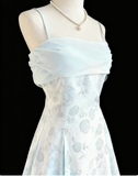 Gentle Blue A-Line Spaghetti Strap Satin Chiffon Long Prom Dress Birthday Dress Graduation Prom Dress HZ1108