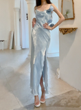 Gentle Blue Bodycon Dress Spaghetti Strap Chiffon Long Prom Dress Graduation Prom Dress HZ1108