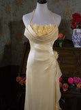 Yellow Simple Bodycon Dress Spaghetti Strap Chiffon Long Prom Dress Applique Graduation Prom Dress HZ1108