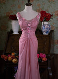 Gray Pink Retro Mermaid V-neck Chiffon Beaded Long Prom Dress Sweet Applique Birthday Dress HZ1108
