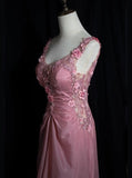 Gray Pink Retro Mermaid V-neck Chiffon Beaded Long Prom Dress Sweet Applique Birthday Dress HZ1108