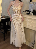 Mermaid Halter Neck Tulle Beading Vintage Long Prom Dress Birthday Dress HZ1108