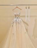 Simple Champagne A-Line Spaghetti Straps Tulle Applique Long Prom Dress Sweet Wedding Dress HZ1108