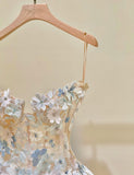 Simple Champagne A-Line Spaghetti Straps Tulle Applique Long Prom Dress Sweet Wedding Dress HZ1108