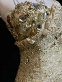 Gold A-Line Spaghetti Strap Satin Lace Long Prom Dress with Beaded Appliques HZ1108