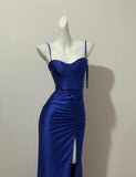 Klein Blue Elegant Spaghetti Straps Slit Long Prom Dress Charming Birthday Party Dress HZ1108
