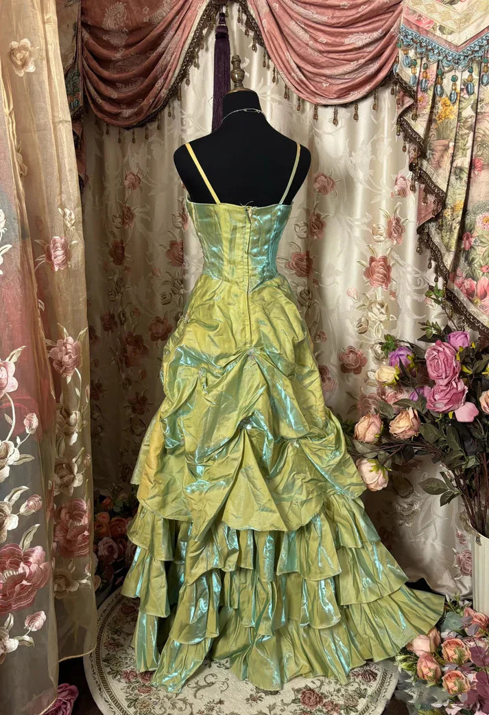 ??Fairytale Sage A-Line Mask Prom Dress Beaded Satin Evening Gown for Birthady&Graduation HZ1108