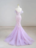 Mermaid Off-Shoulder Tulle Sequin Long Prom Dress Purple Formal Dress HZ1108